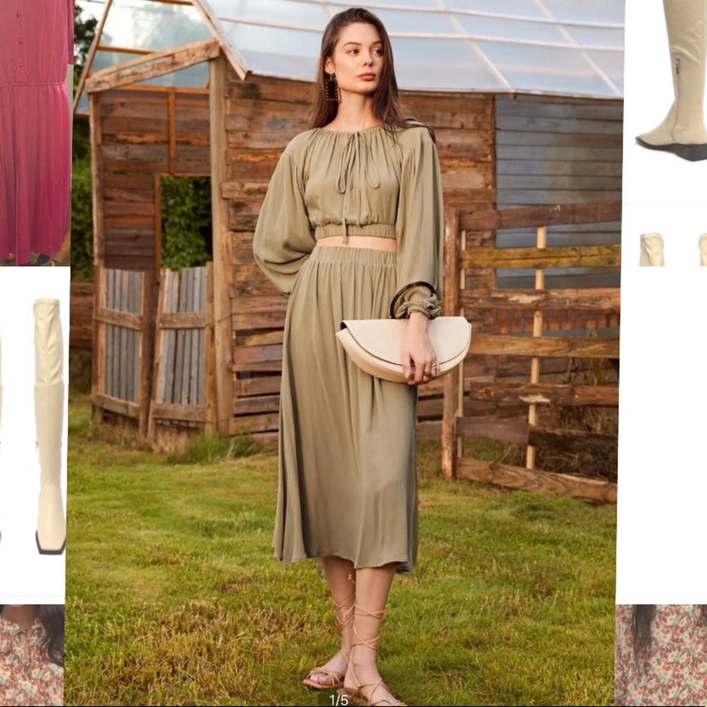 SHEIN Tie front lantern sleeve crop top & skirt set